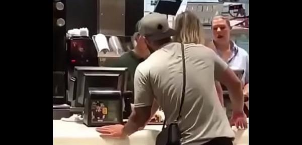  White couple having sex in  restaurant